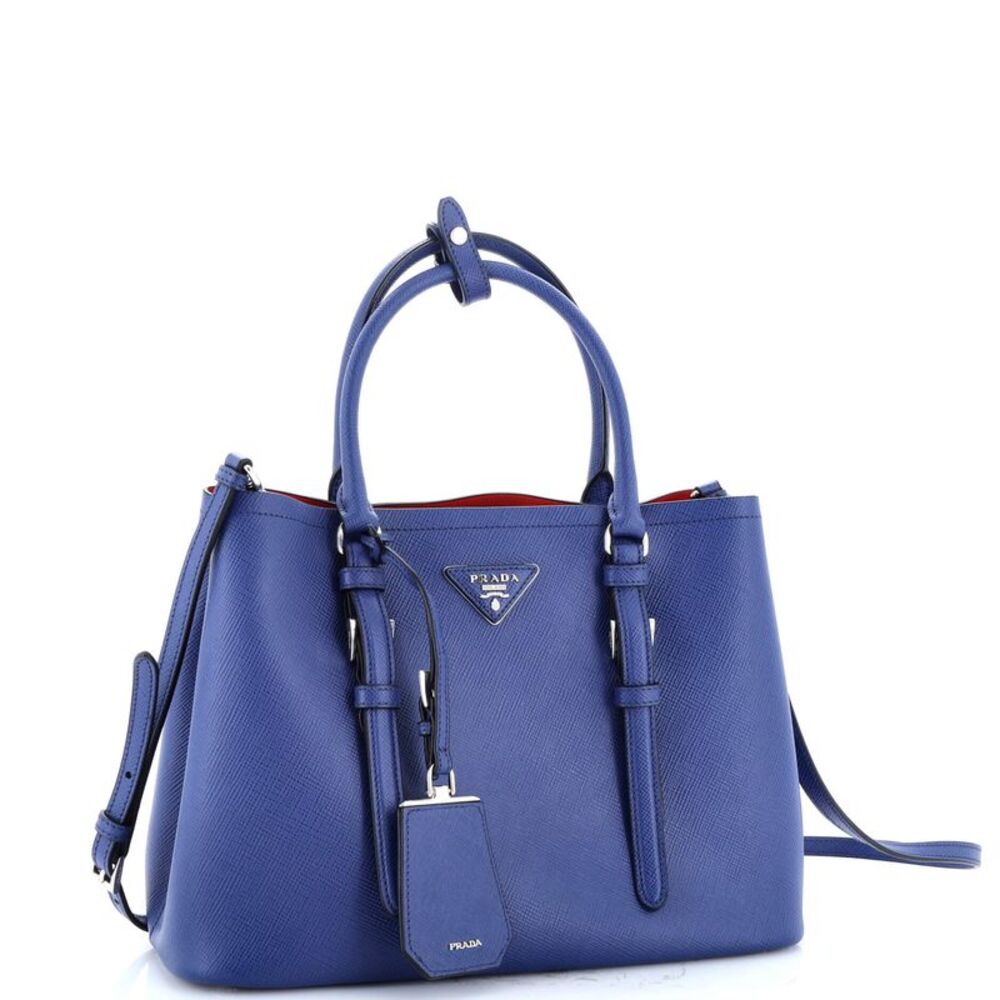 Prada Belted Strap Cuir Double Tote Saffiano Leather Small Blue - Picture 2 of 6
